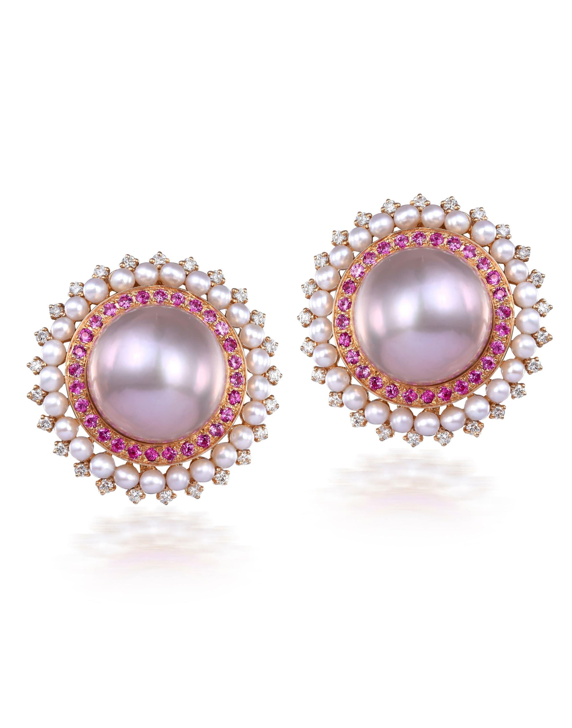 MOKSH-Kyoto Pink Sapphire and Akoya Pearl Earrings-YELLOW GOLD