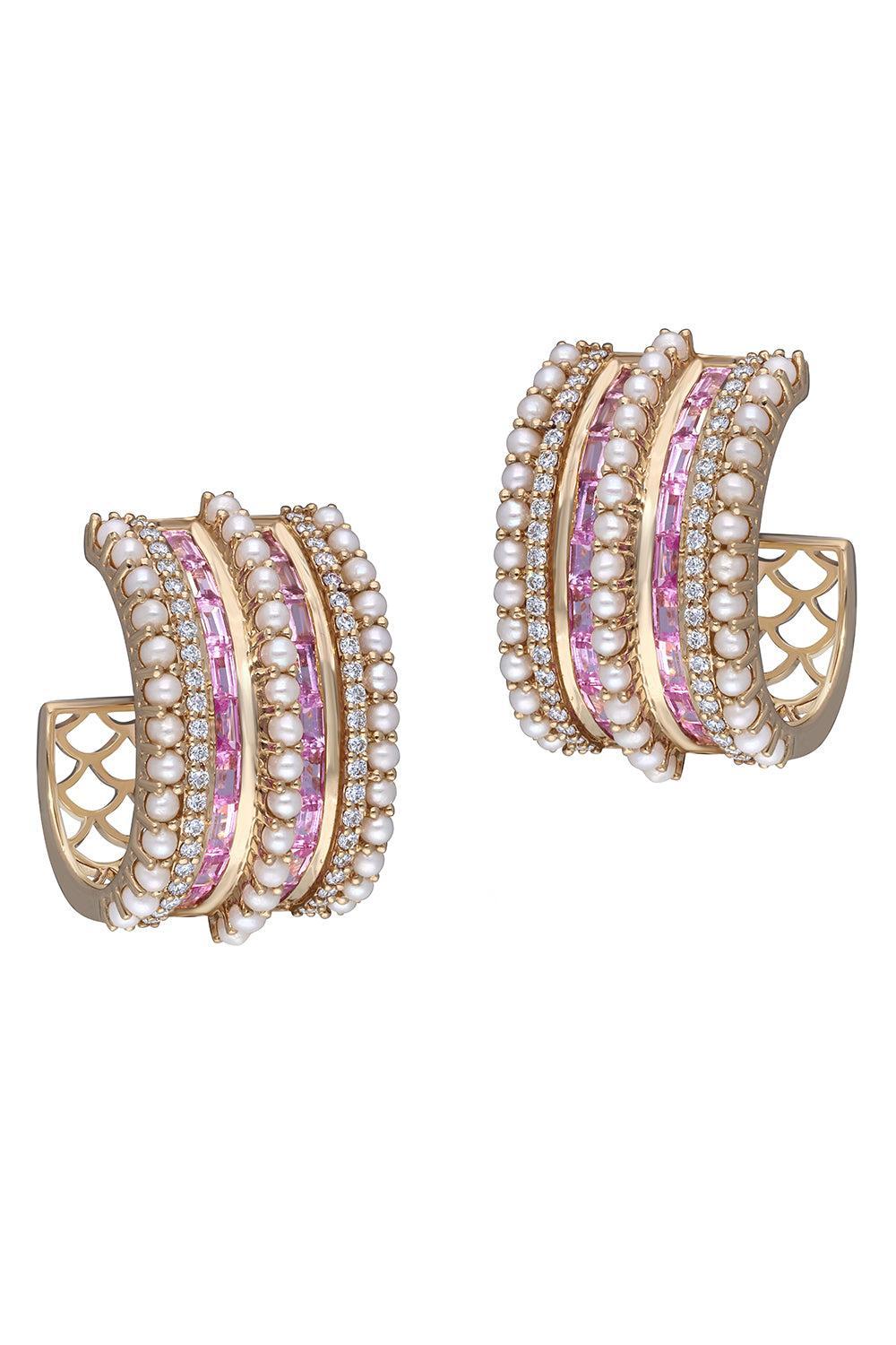 Pink Sapphire Pearl Kyoto J Hoop Earrings-YELLOW GOLD-JEWELRYFINE JEWELEARRING-MOKSH