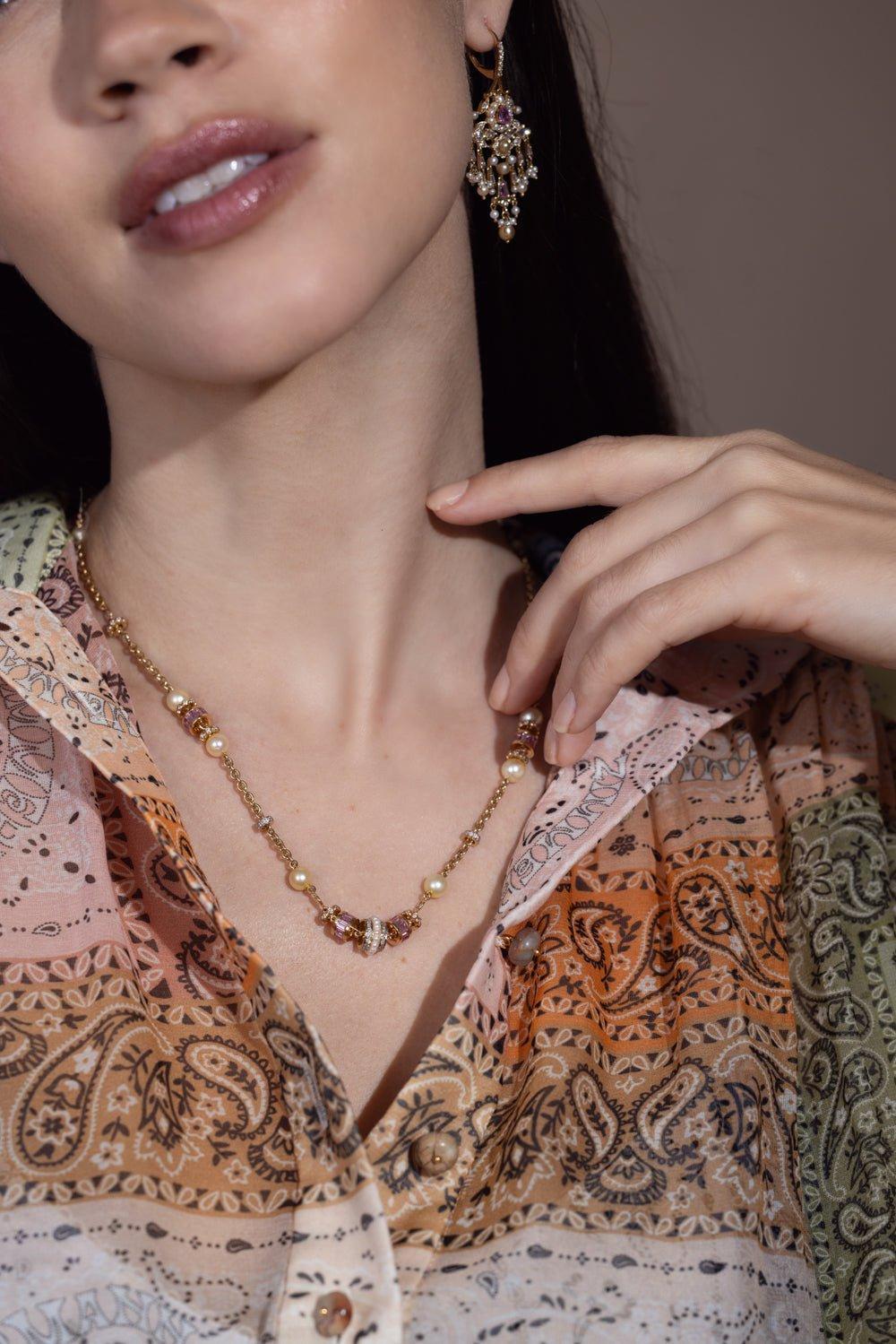 MOKSH-Jodhpur Pink Sapphire Flower Necklace-YELLOW GOLD