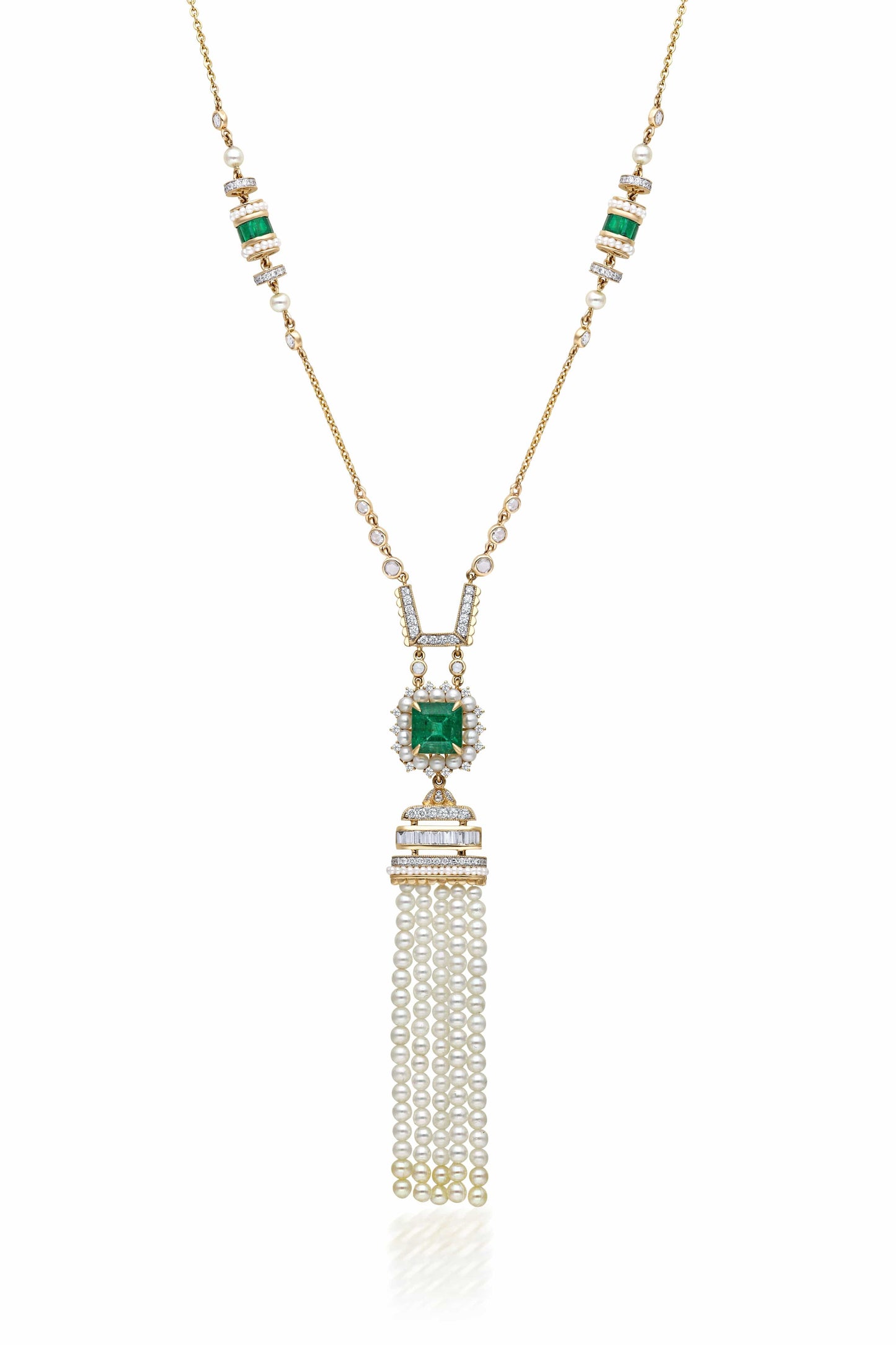 MOKSH-Kyoto Emerald and Pearl Tassel Necklace-YELLOW GOLD