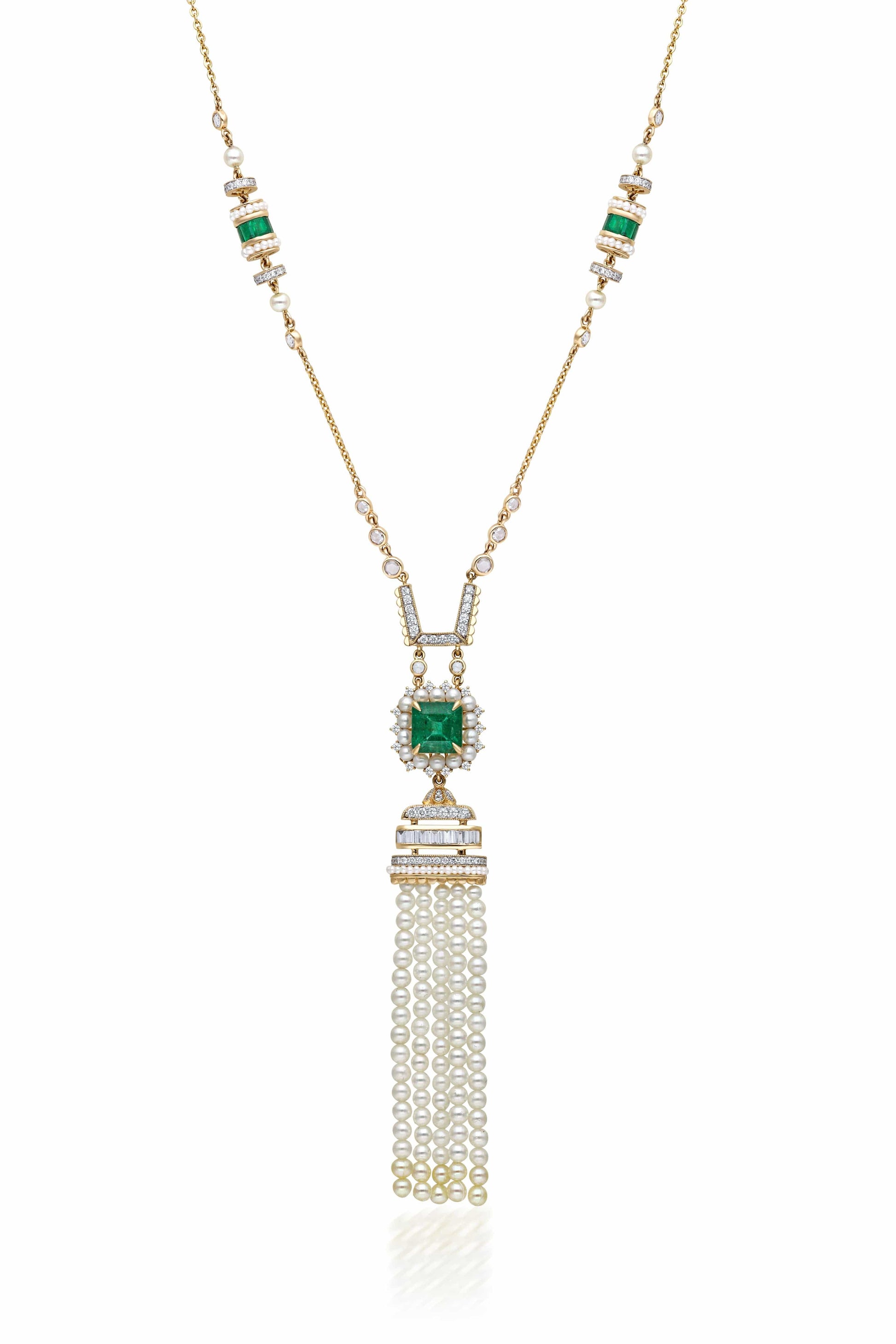 MOKSH-Kyoto Emerald and Pearl Tassel Necklace-YELLOW GOLD