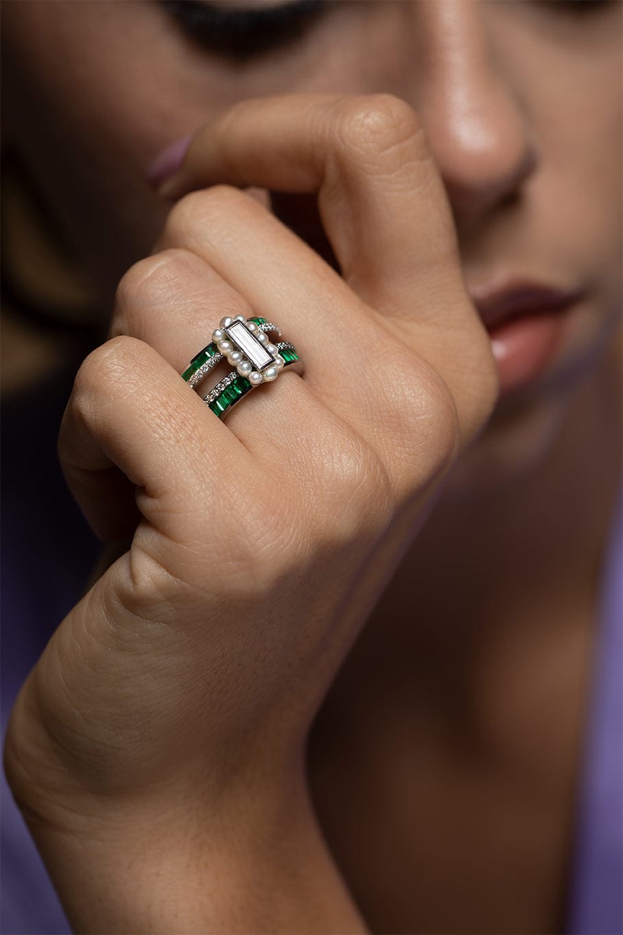 MOKSH-Nuur Emerald and Pearl Ring-WHITE GOLD