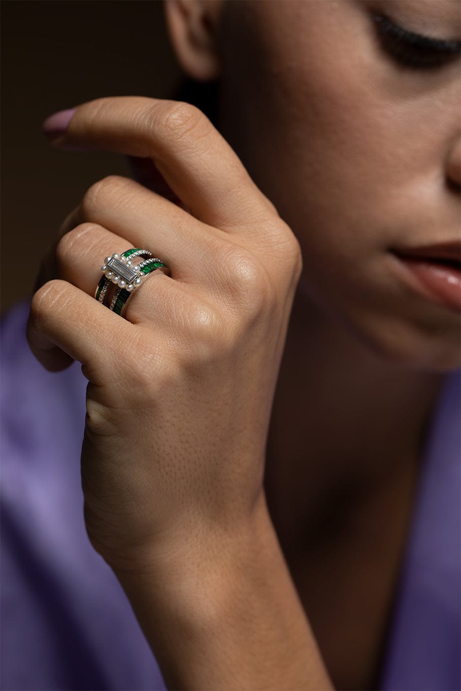 MOKSH-Nuur Emerald and Pearl Ring-WHITE GOLD