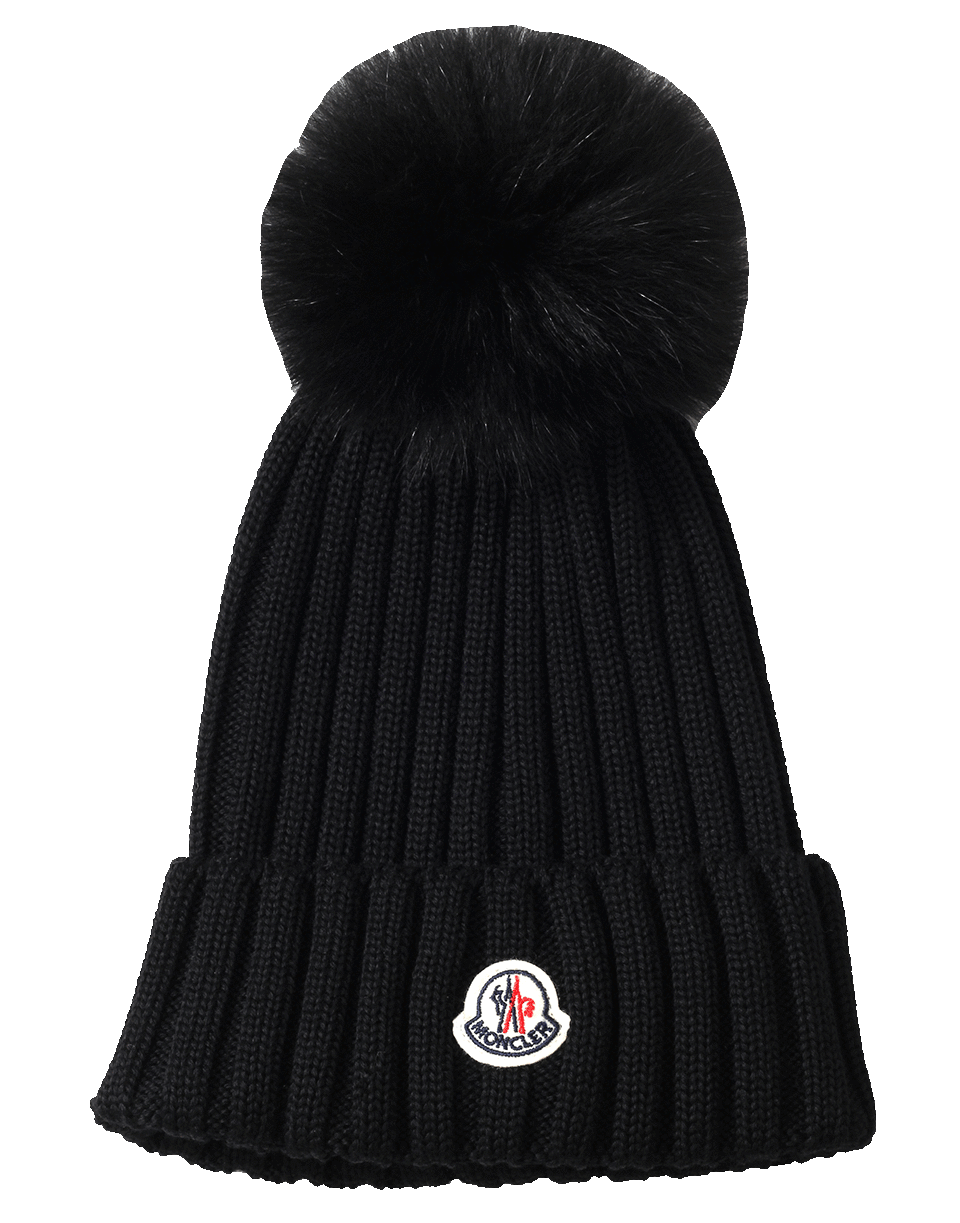 MONCLER-Pom Pom Ribbed Knit Beanie-BLACK
