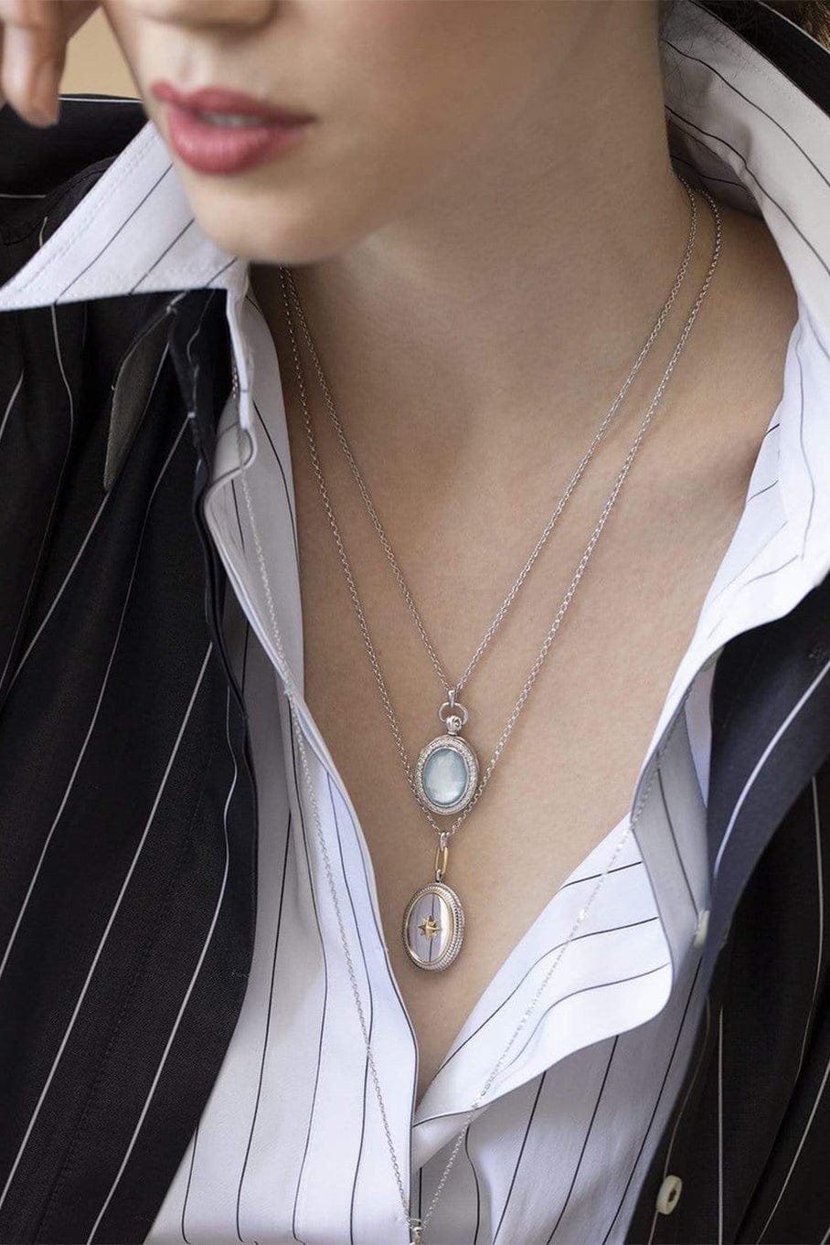 MONICA RICH KOSANN-Two-Tone Oval Star Locket Necklace-SILVER