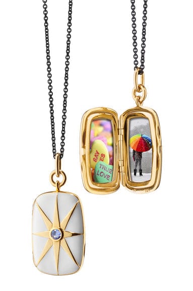 MONICA RICH KOSANN-White Enamel Blue Sapphire Rectangle Locket Necklace-SILVER