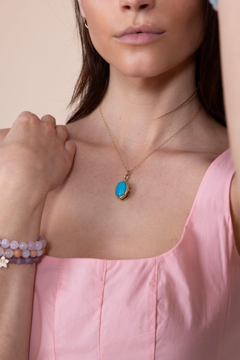 MONICA RICH KOSANN-SPECIAL EDITION TURQUOISE CABOCHON LOCKET NECKLACE-YELLOW GOLD