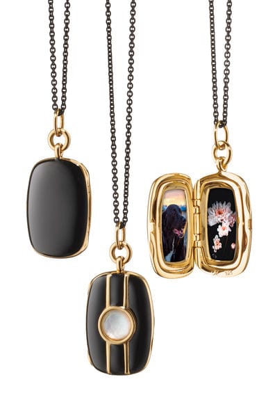 MONICA RICH KOSANN-Black Enamel and Rock Cystal Rectangle Locket Necklace-YELLOW GOLD