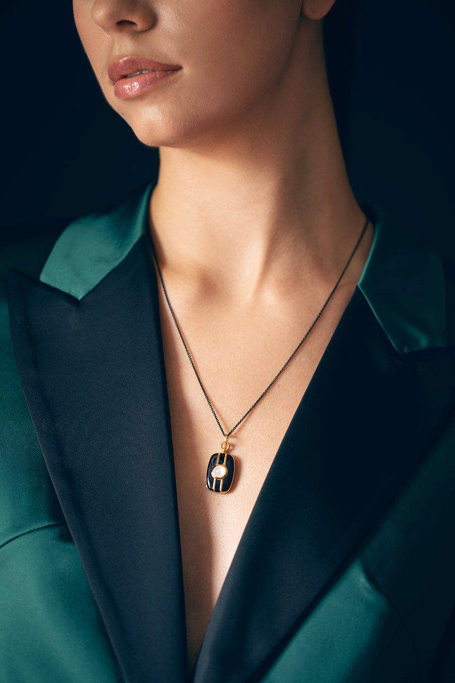 MONICA RICH KOSANN-Black Enamel Locket Necklace-YELLOW GOLD