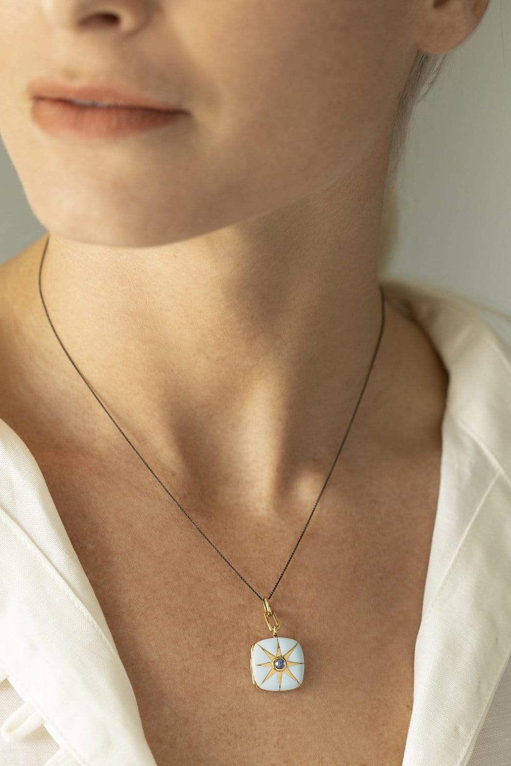 MONICA RICH KOSANN-Blue Enamel Vermeil Cushion Locket with Blue Sapphire-YELLOW GOLD