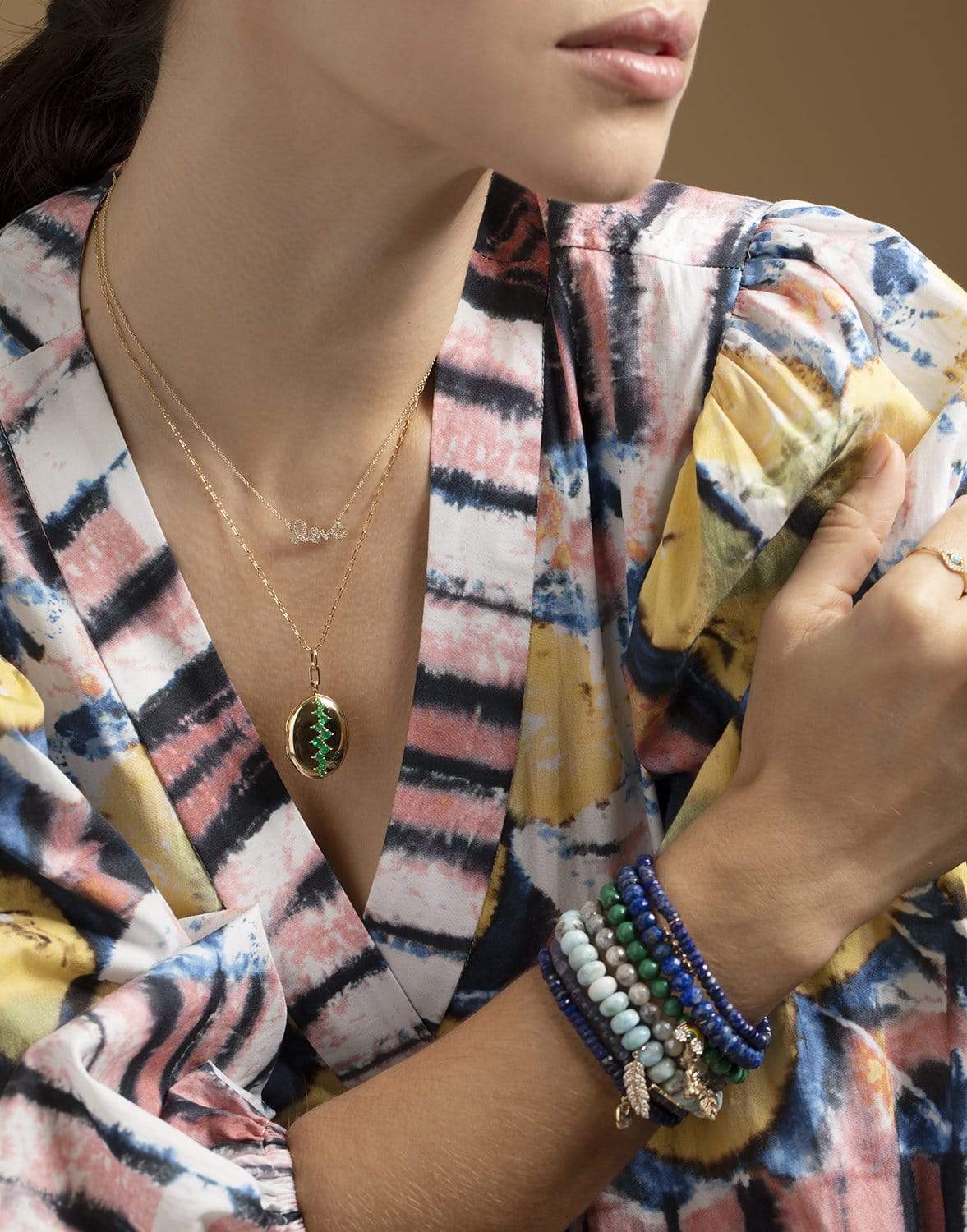MONICA RICH KOSANN-Catherine Staggered Emerald Locket Necklace-YELLOW GOLD