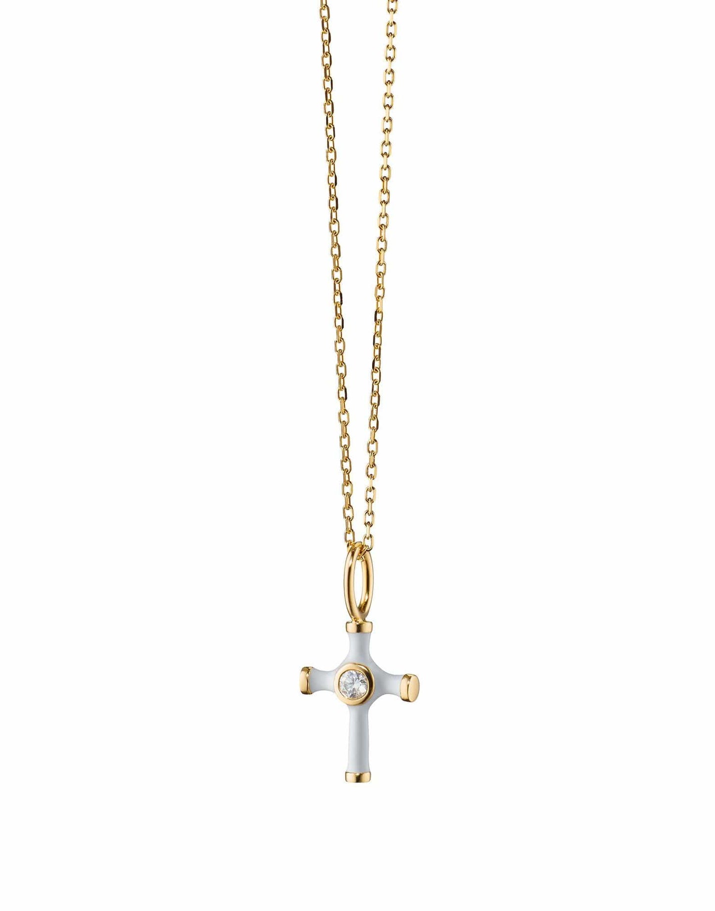 MONICA RICH KOSANN-Mini White Enamel Cross Charm with Diamond-YELLOW GOLD