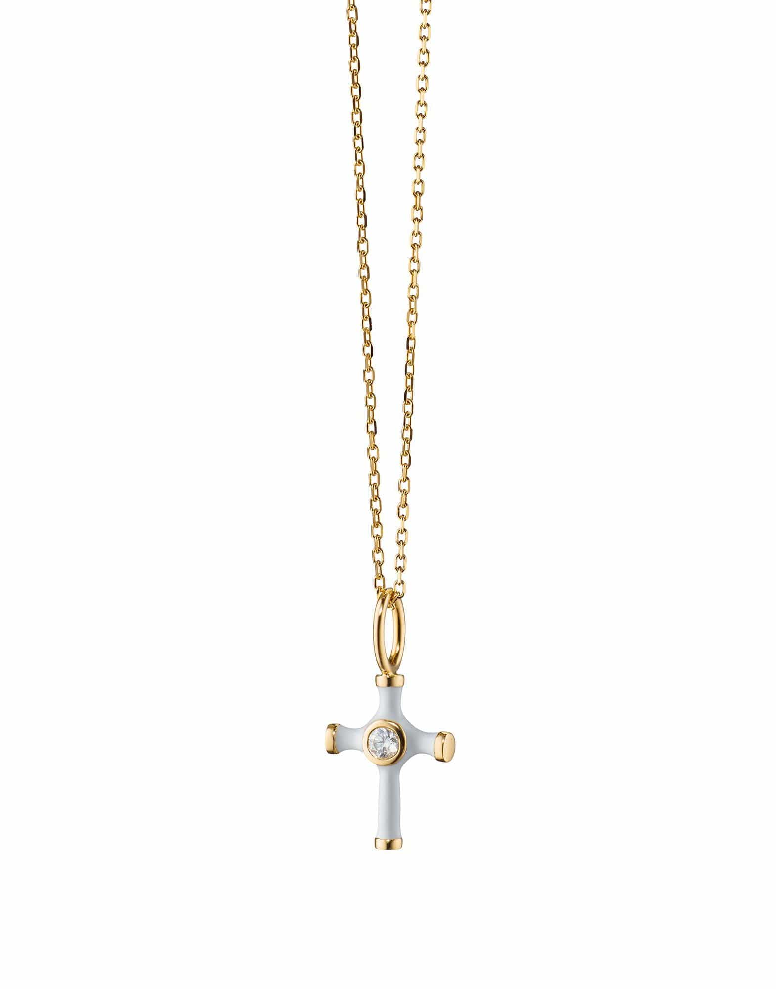 MONICA RICH KOSANN-Mini White Enamel Cross Charm with Diamond-YELLOW GOLD