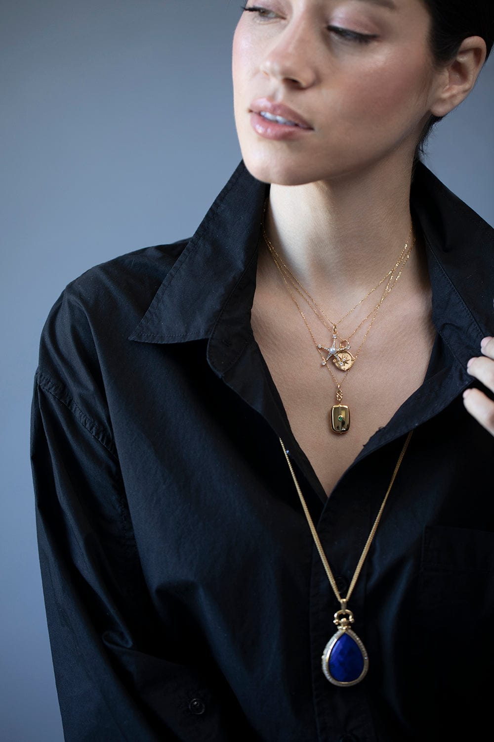 MONICA RICH KOSANN-Pearl and Diamond Star Charm Necklace-YELLOW GOLD