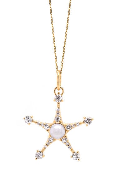 MONICA RICH KOSANN-Pearl and Diamond Star Charm Necklace-YELLOW GOLD