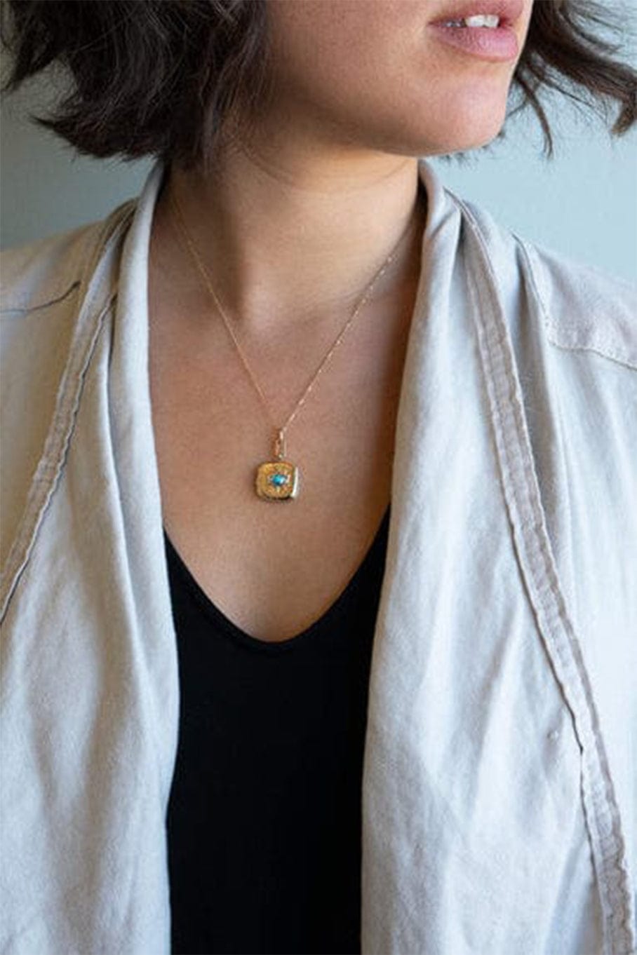 MONICA RICH KOSANN-Turquiose and Diamond Evil Eye Locket Necklace-YELLOW GOLD