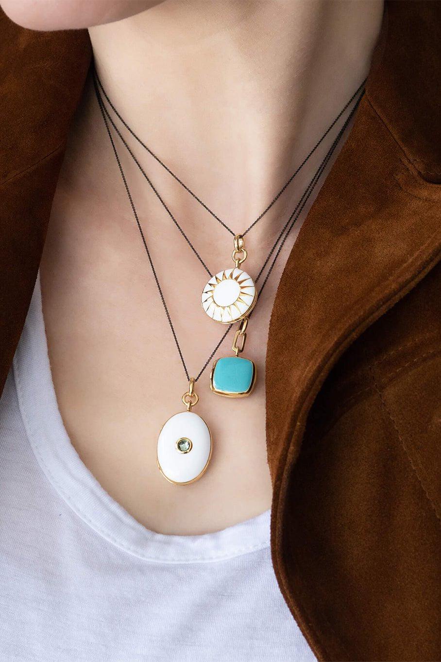 MONICA RICH KOSANN-Turquoise Enamel Vermeil Cushion Locket Necklace-YELLOW GOLD