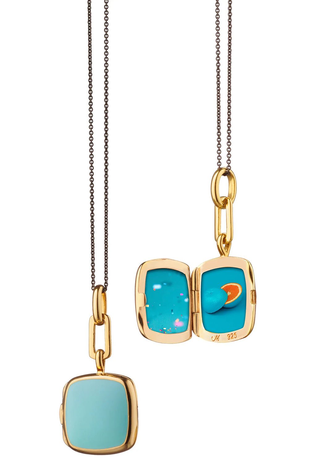 MONICA RICH KOSANN-Turquoise Enamel Vermeil Cushion Locket Necklace-YELLOW GOLD