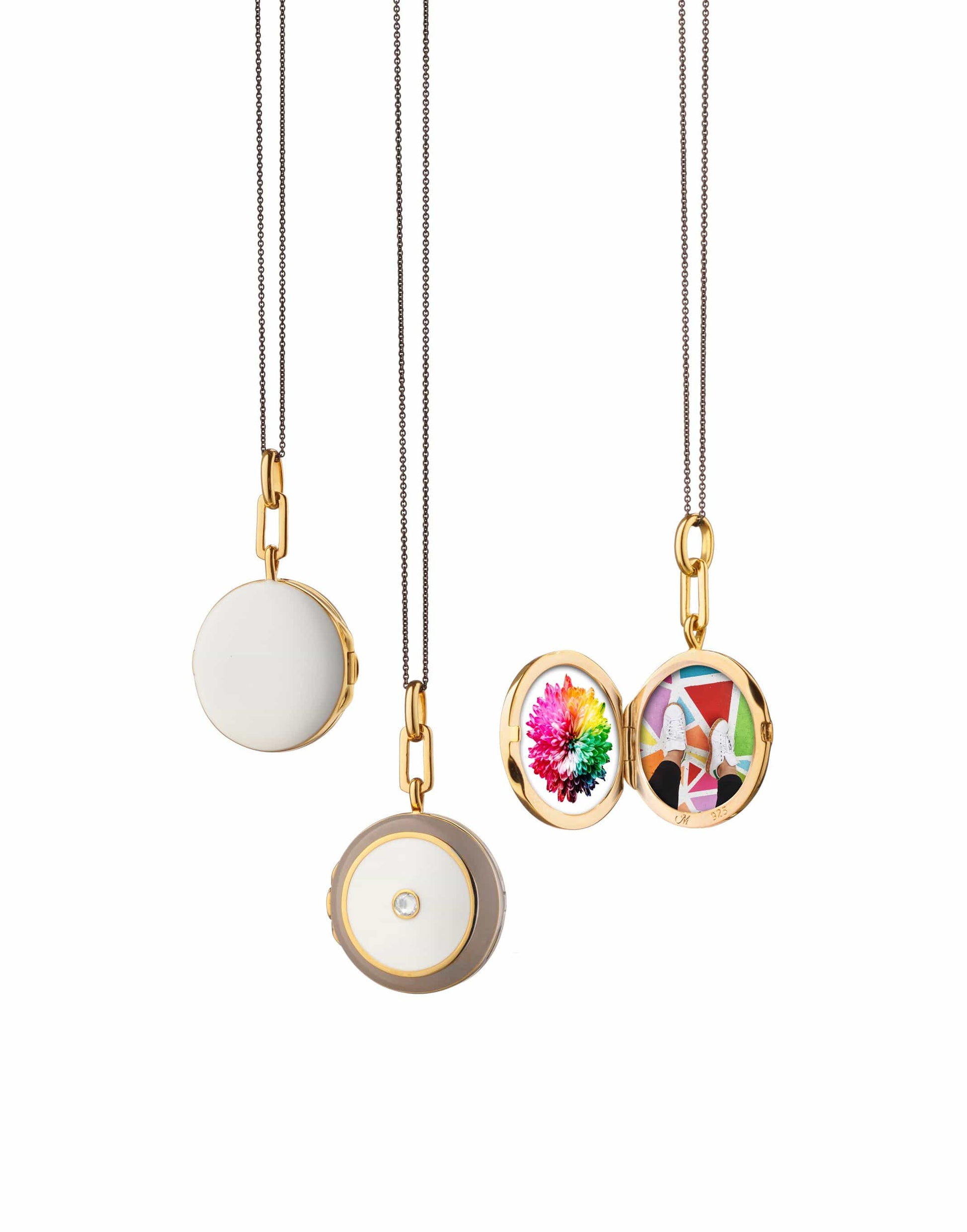 MONICA RICH KOSANN-White and Grey Enamel Gold Vermeil Round Locket-YELLOW GOLD