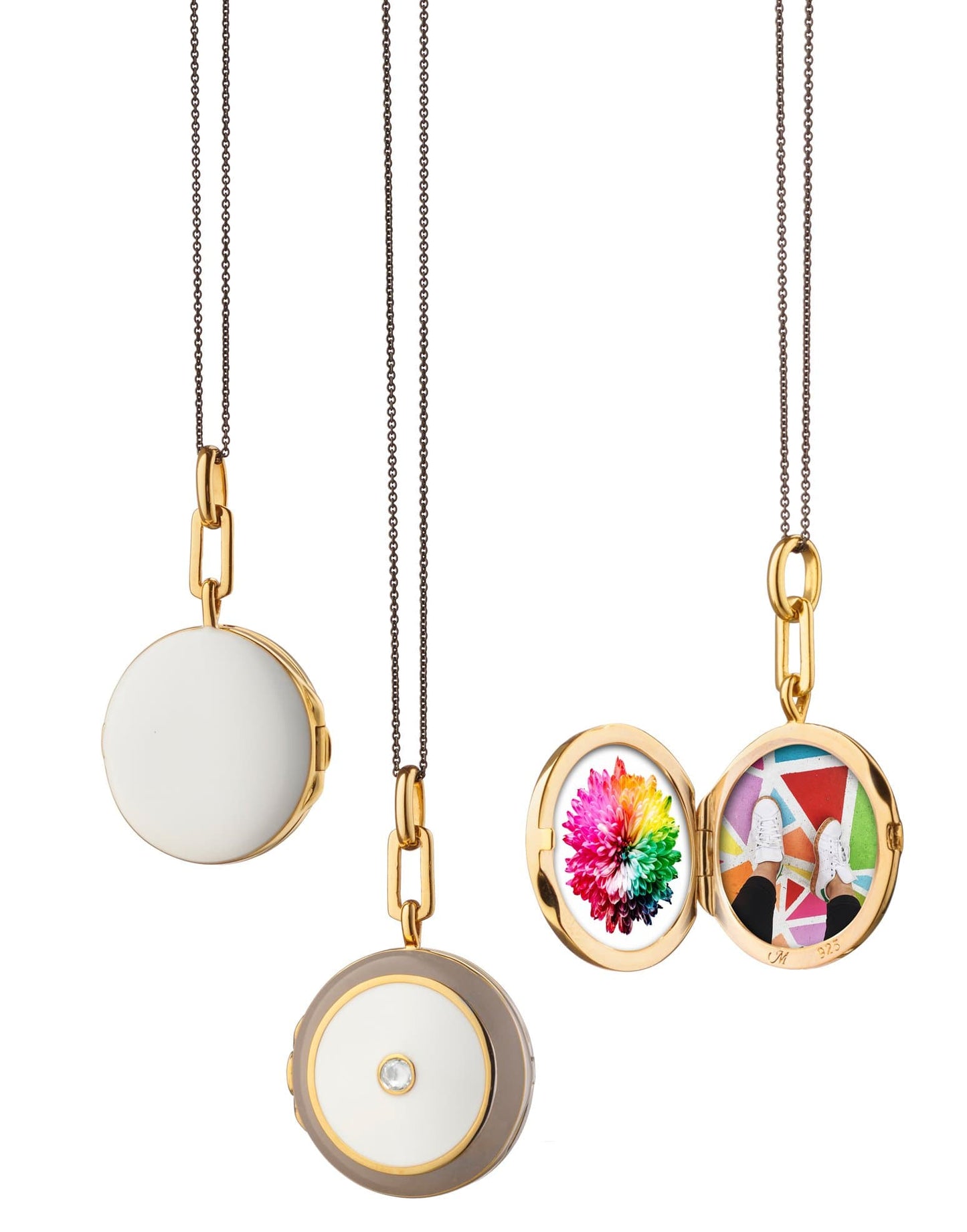MONICA RICH KOSANN-White and Grey Enamel Sapphire Round Locket Necklace-YELLOW GOLD