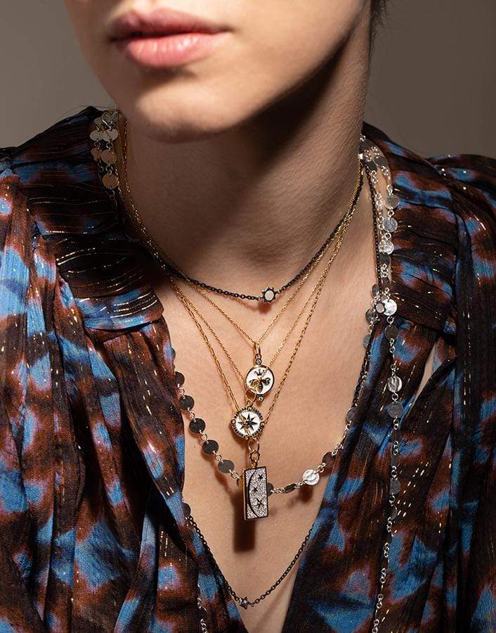 MONICA RICH KOSANN-White Enamel and Sapphire Mini Compass Charm Necklace-YELLOW GOLD