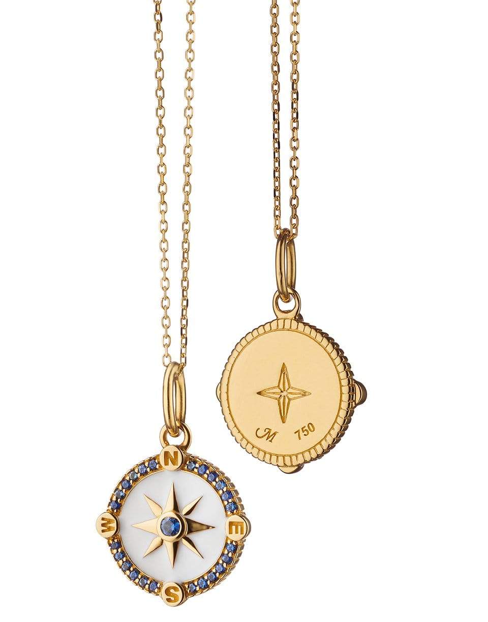 MONICA RICH KOSANN-White Enamel and Sapphire Mini Compass Charm Necklace-YELLOW GOLD