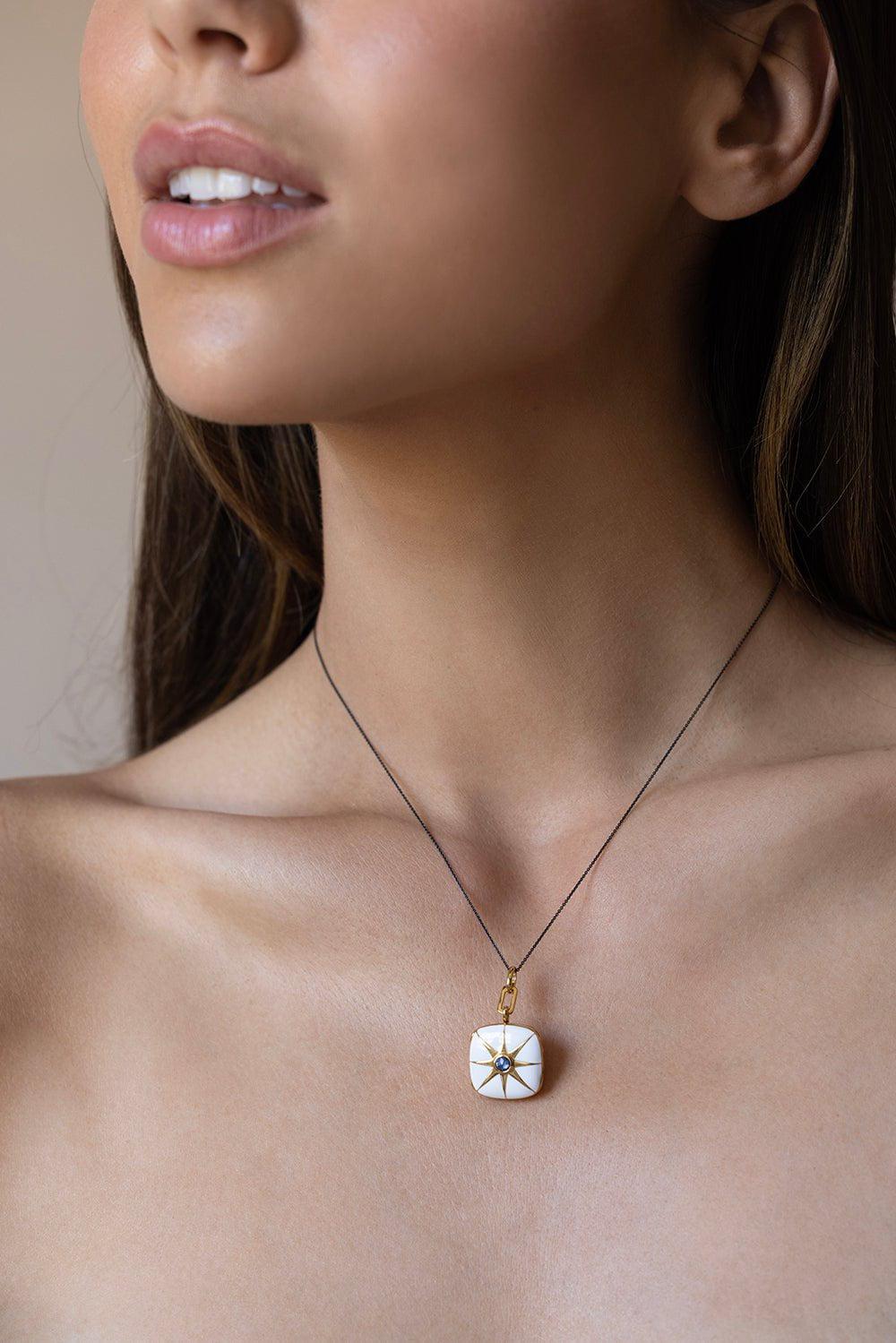 MONICA RICH KOSANN-White Enamel Blue Sapphire Cushion Locket Necklace-YELLOW GOLD