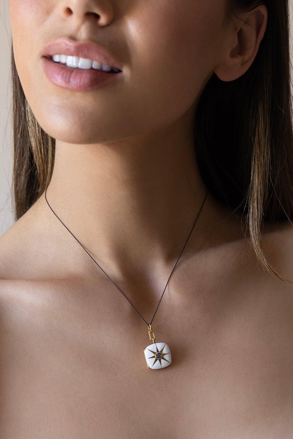 MONICA RICH KOSANN-White Enamel Blue Sapphire Cushion Locket Necklace-YELLOW GOLD