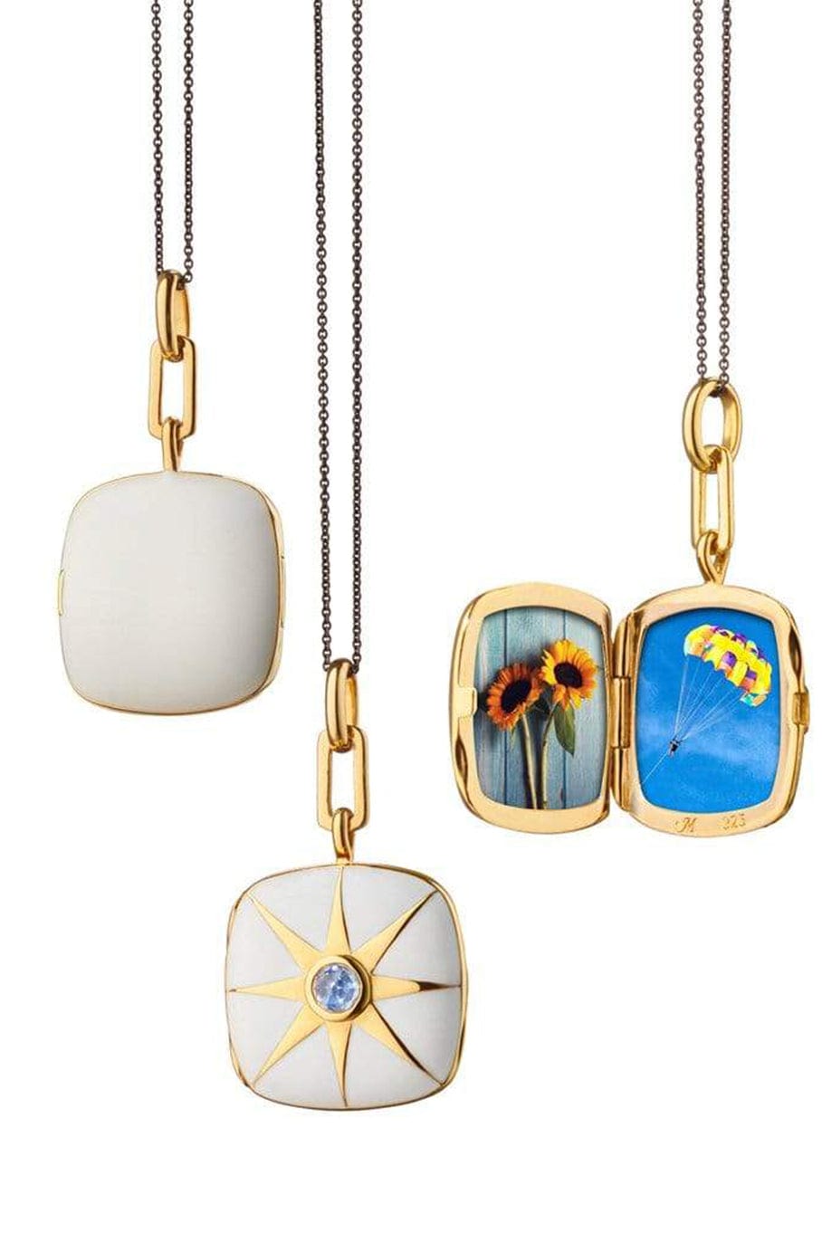 MONICA RICH KOSANN-White Enamel Blue Sapphire Cushion Locket Necklace-YELLOW GOLD