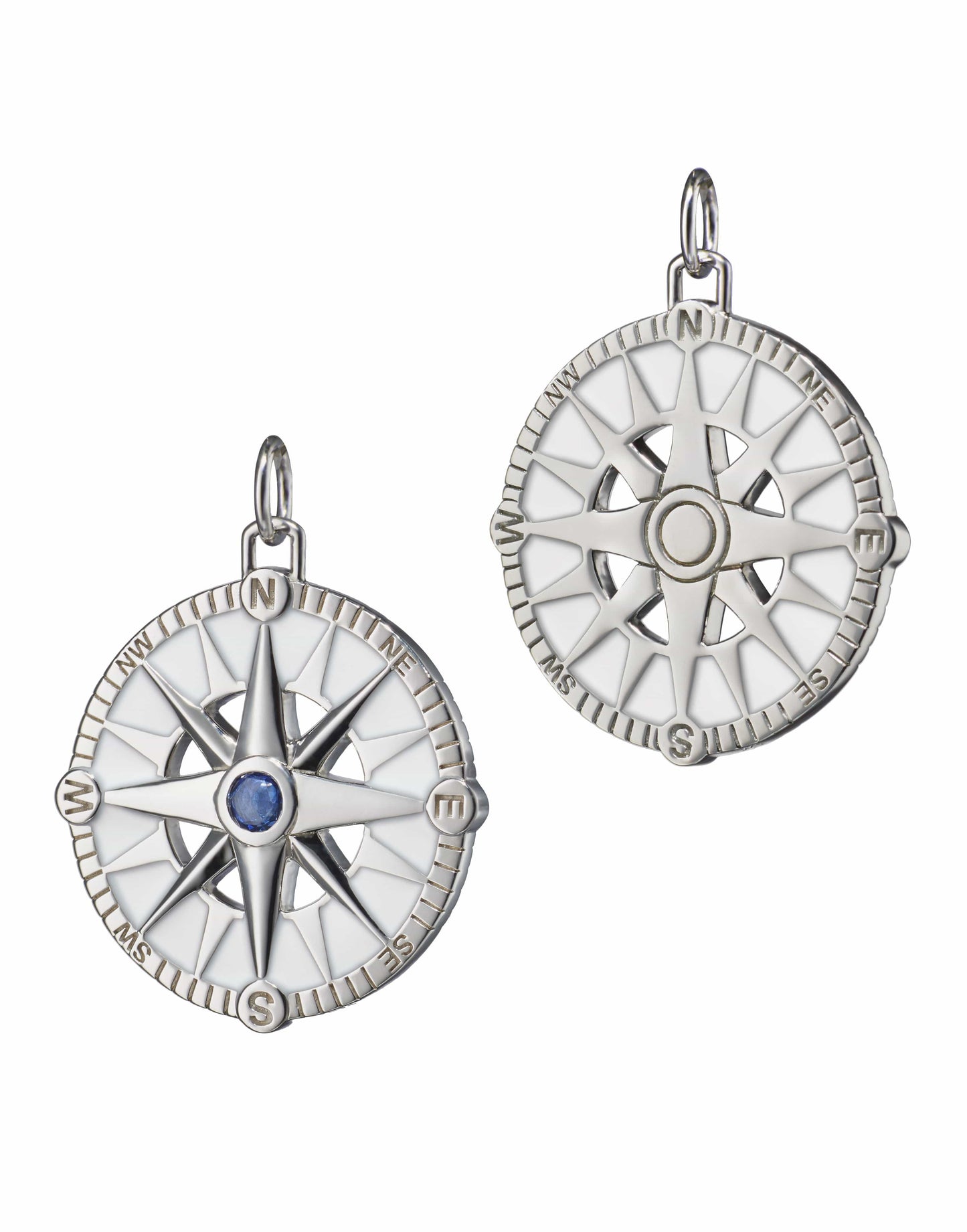 MONICA RICH KOSANN-Large Adventure Compass Charm with White Enamel and Sapphire-SILVER