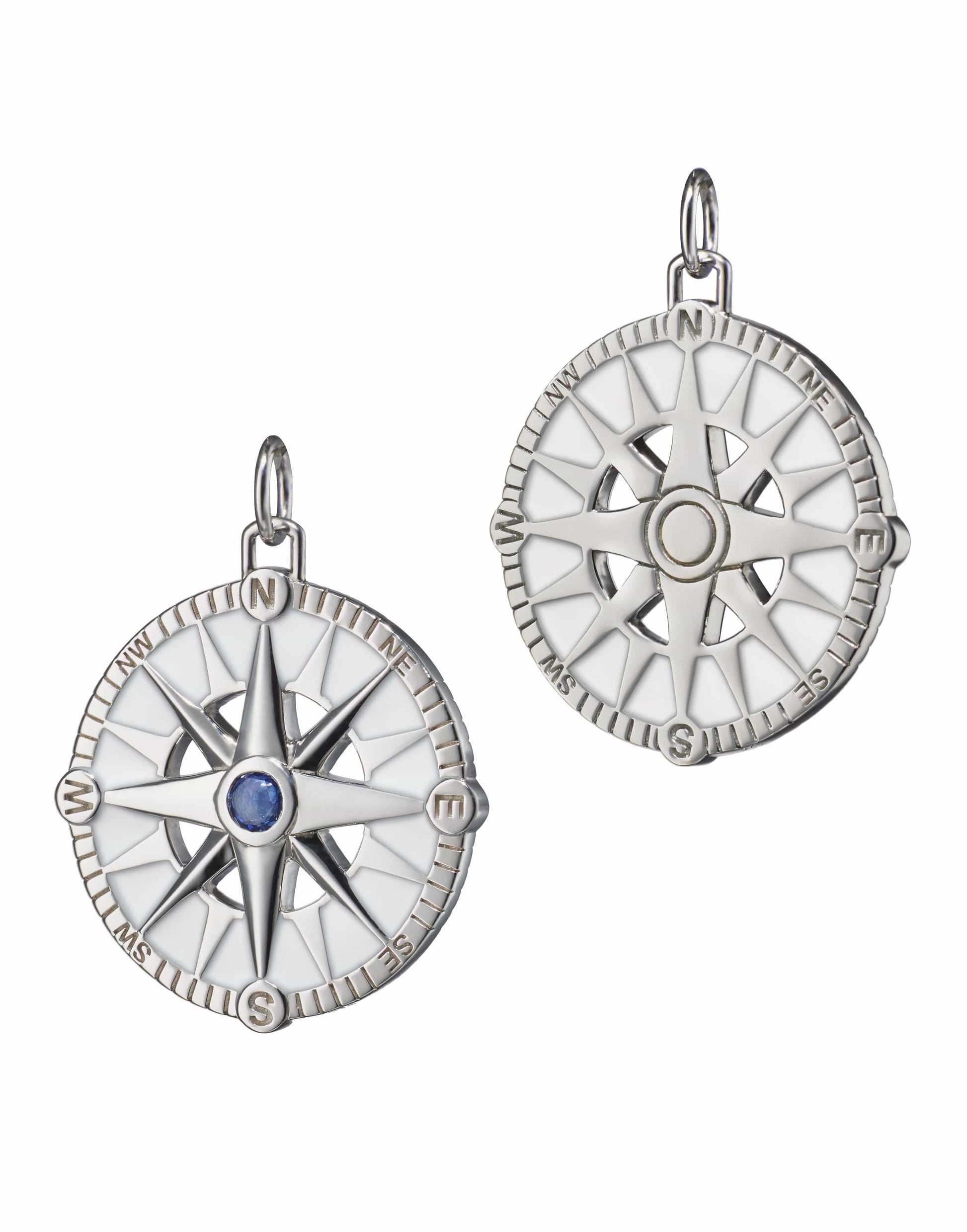 MONICA RICH KOSANN-Large Adventure Compass Charm with White Enamel and Sapphire-SILVER