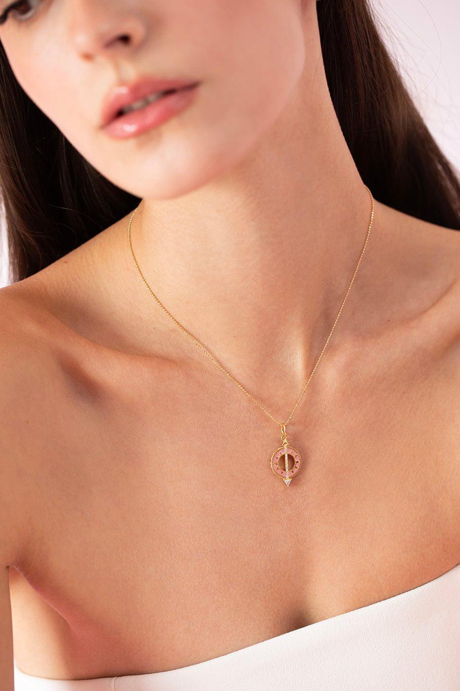 MONICA RICH KOSANN-Small Pink Enamel Sundial Charm-YELLOW GOLD