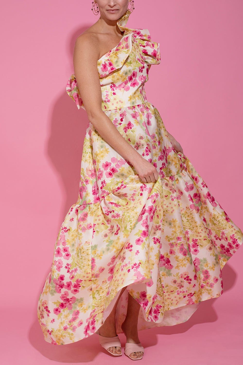 MONIQUE LHUILLIER-One Shoulder Ruffle Flounce Dress-FUCHSIA