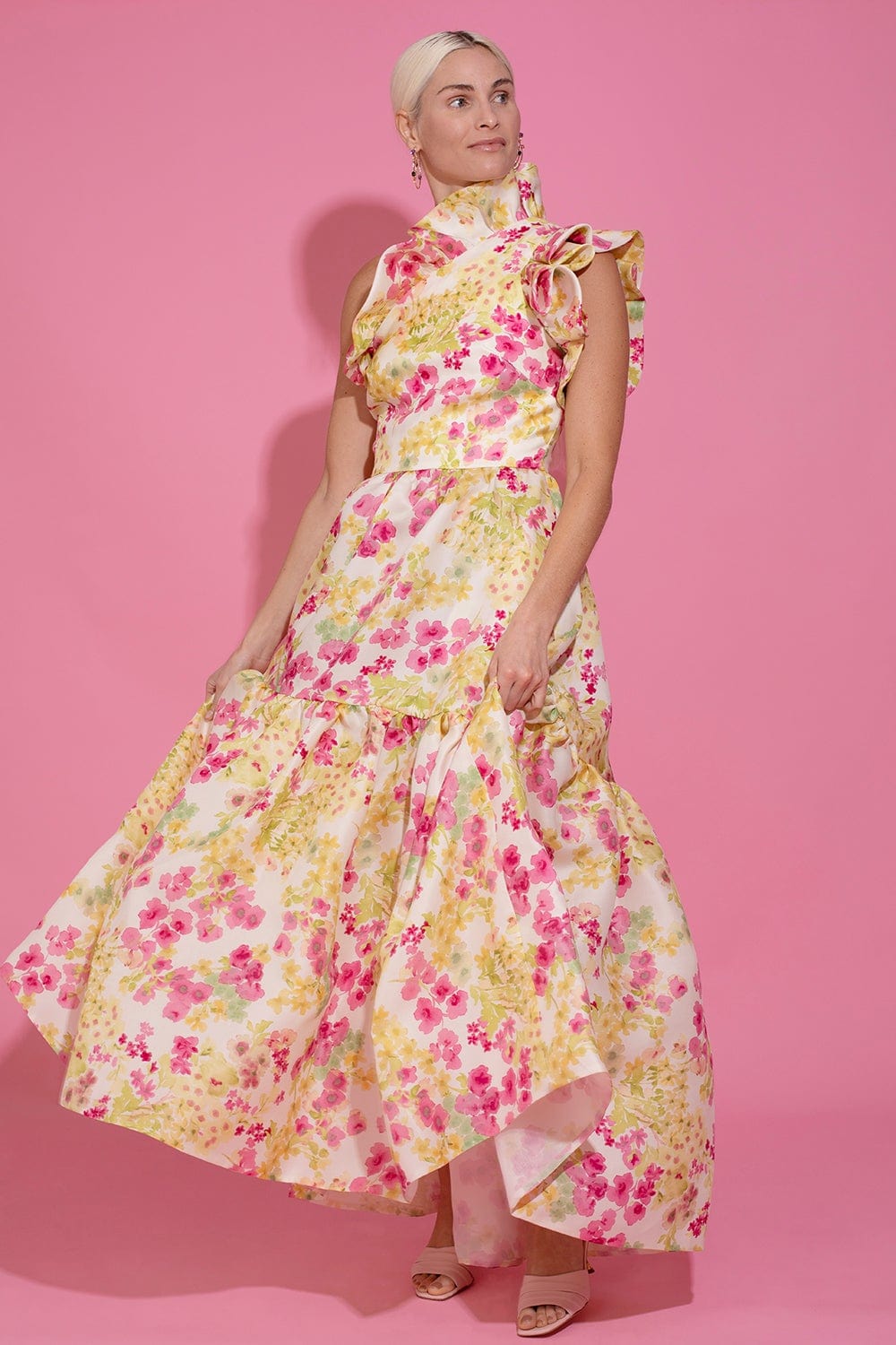 MONIQUE LHUILLIER-One Shoulder Ruffle Flounce Dress-FUCHSIA
