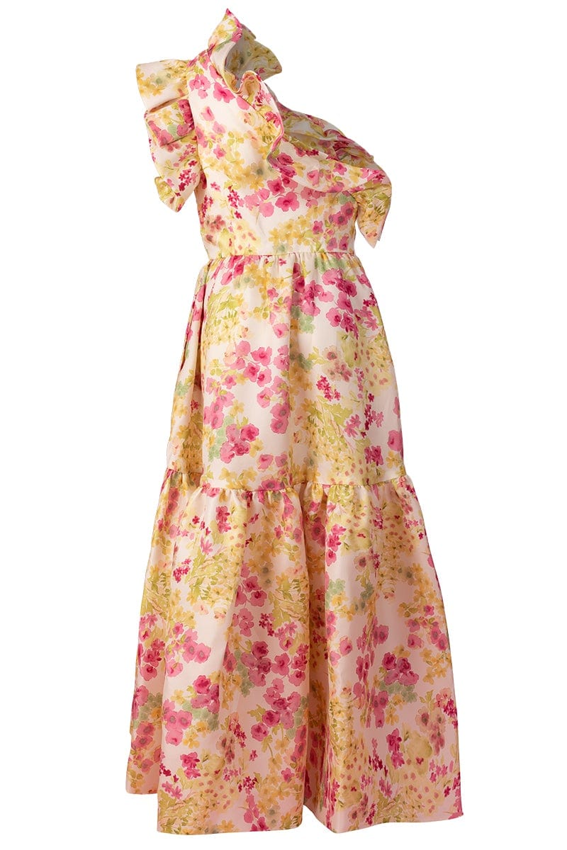 MONIQUE LHUILLIER-One Shoulder Ruffle Flounce Dress-FUCHSIA
