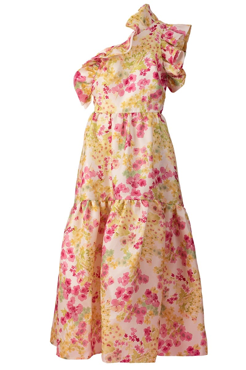 MONIQUE LHUILLIER-One Shoulder Ruffle Flounce Dress-FUCHSIA