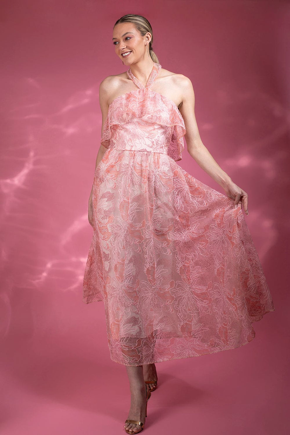 Monique Lhuillier Women's Floral Georgette Halter Dress - Pink Blush