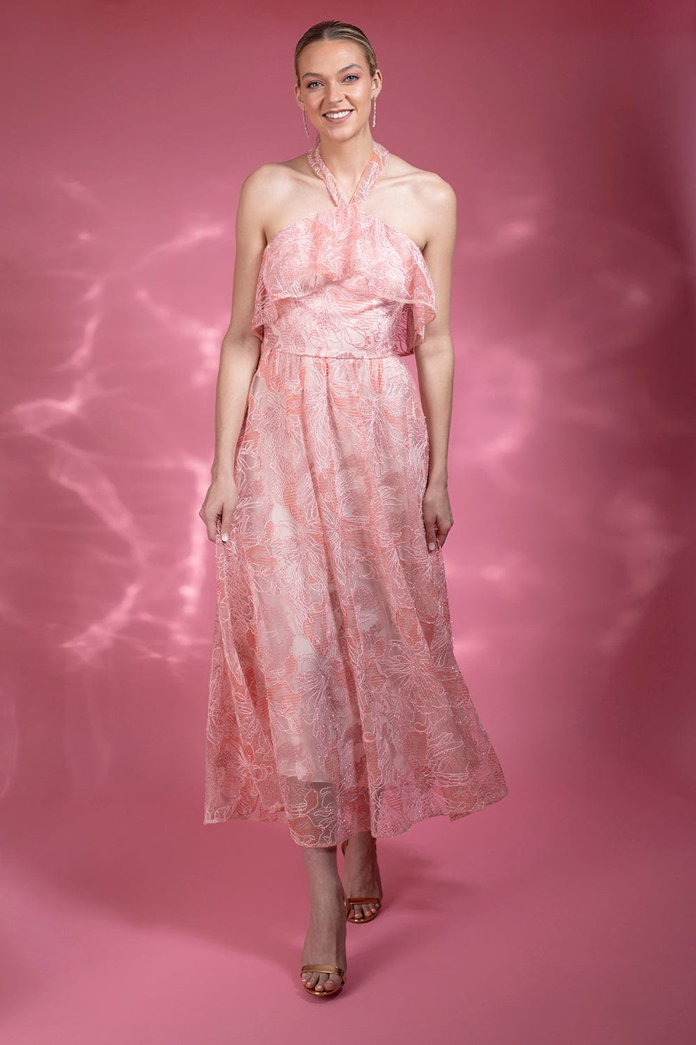 knee length dresses for ladies Embroidered Strapless Tea Length Dress 10 / Powder main image 1