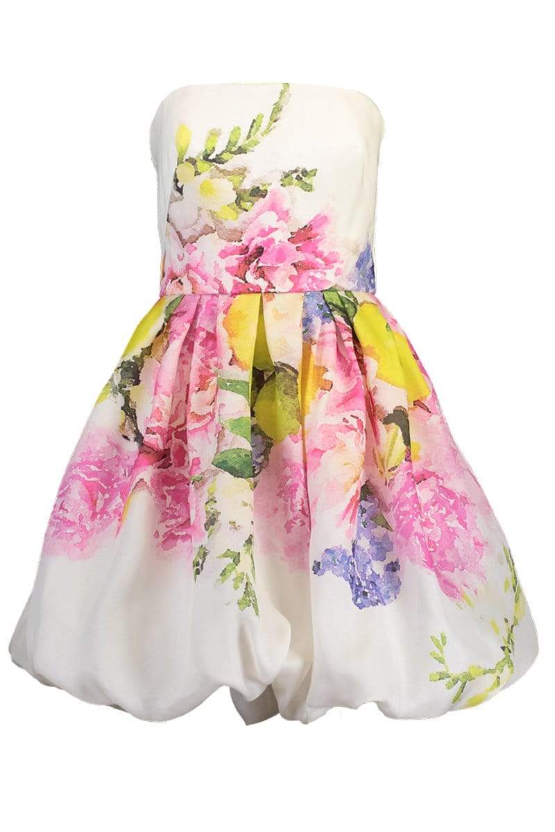 MONIQUE LHUILLIER-Strapless Bubble Skirted Dress-WHT/MULT