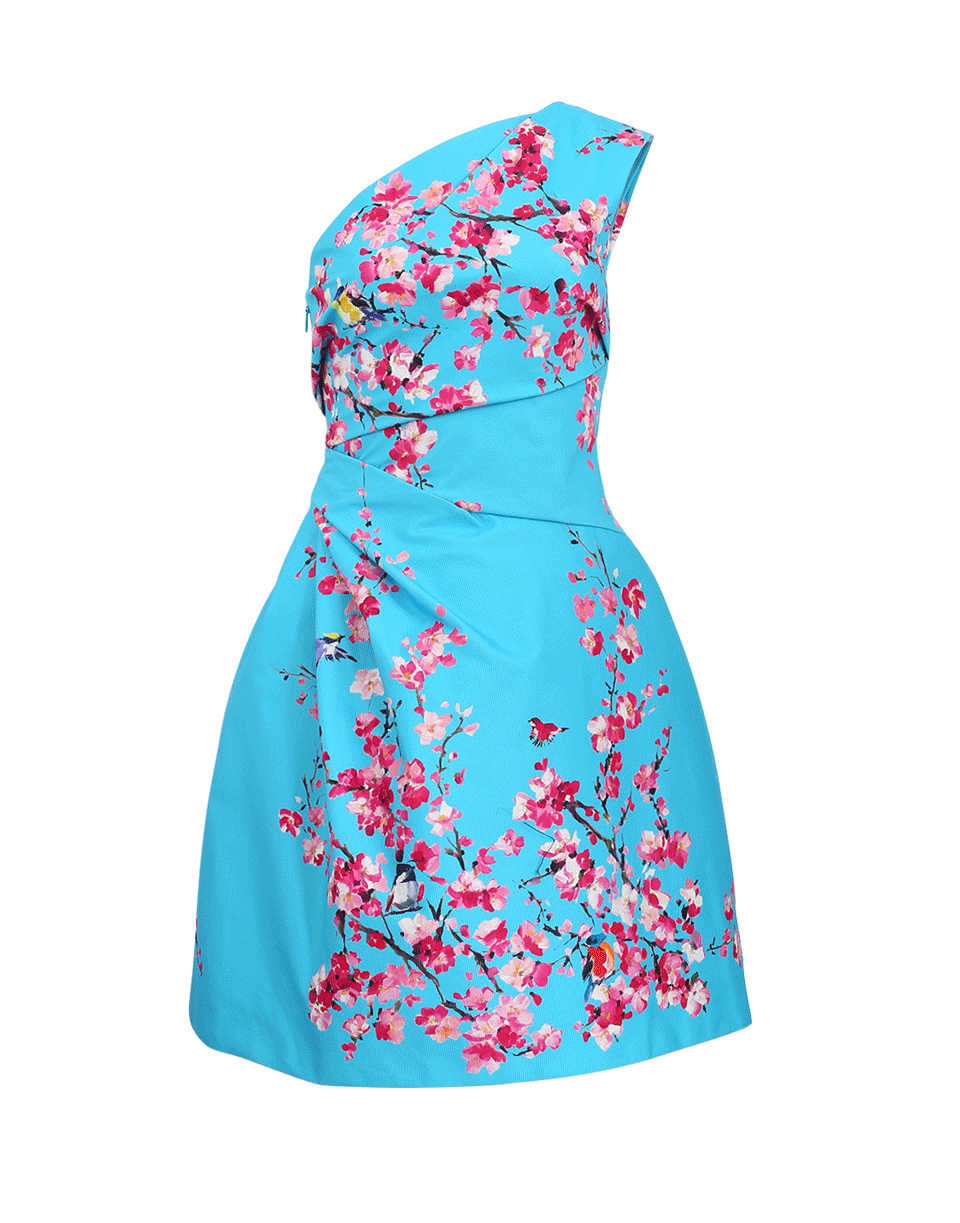 MONIQUE LHUILLIER-One Shoulder Floral Dress-AQUAMARINE