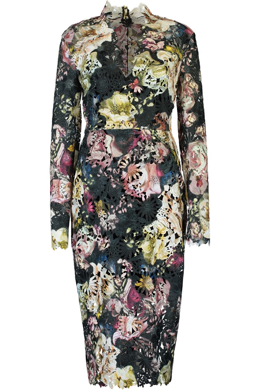 MONIQUE LHUILLIER-V Neck Lace Sheath Dress-
