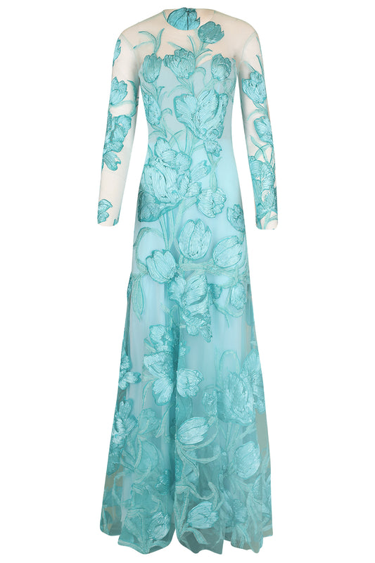 Long Sleeve IllusionTrumpet Gown-AQUA-6-CLOTHINGDRESSGOWN-MONIQUE LHUILLIER