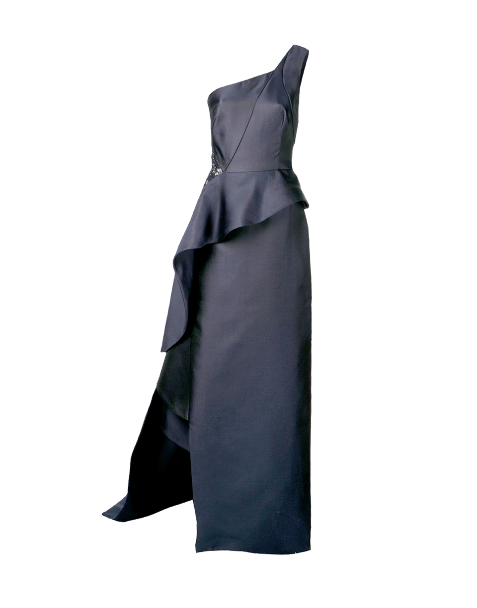 MONIQUE LHUILLIER-One Shoulder Column Gown-MIDNIGHT