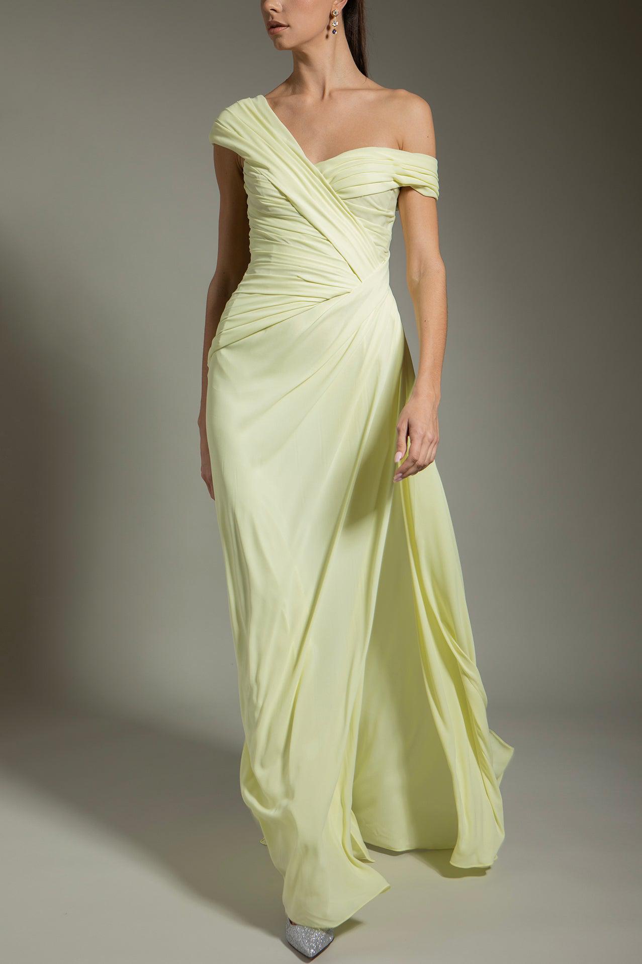 MONIQUE LHUILLIER-Off The Shoulder Drape Gown - Pale Yellow-