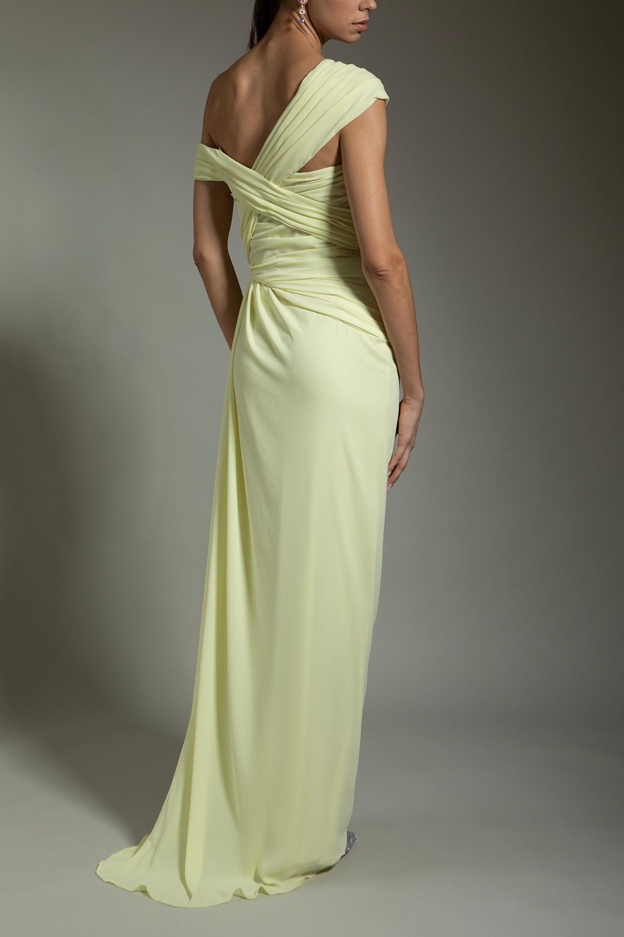 MONIQUE LHUILLIER-Off The Shoulder Drape Gown - Pale Yellow-