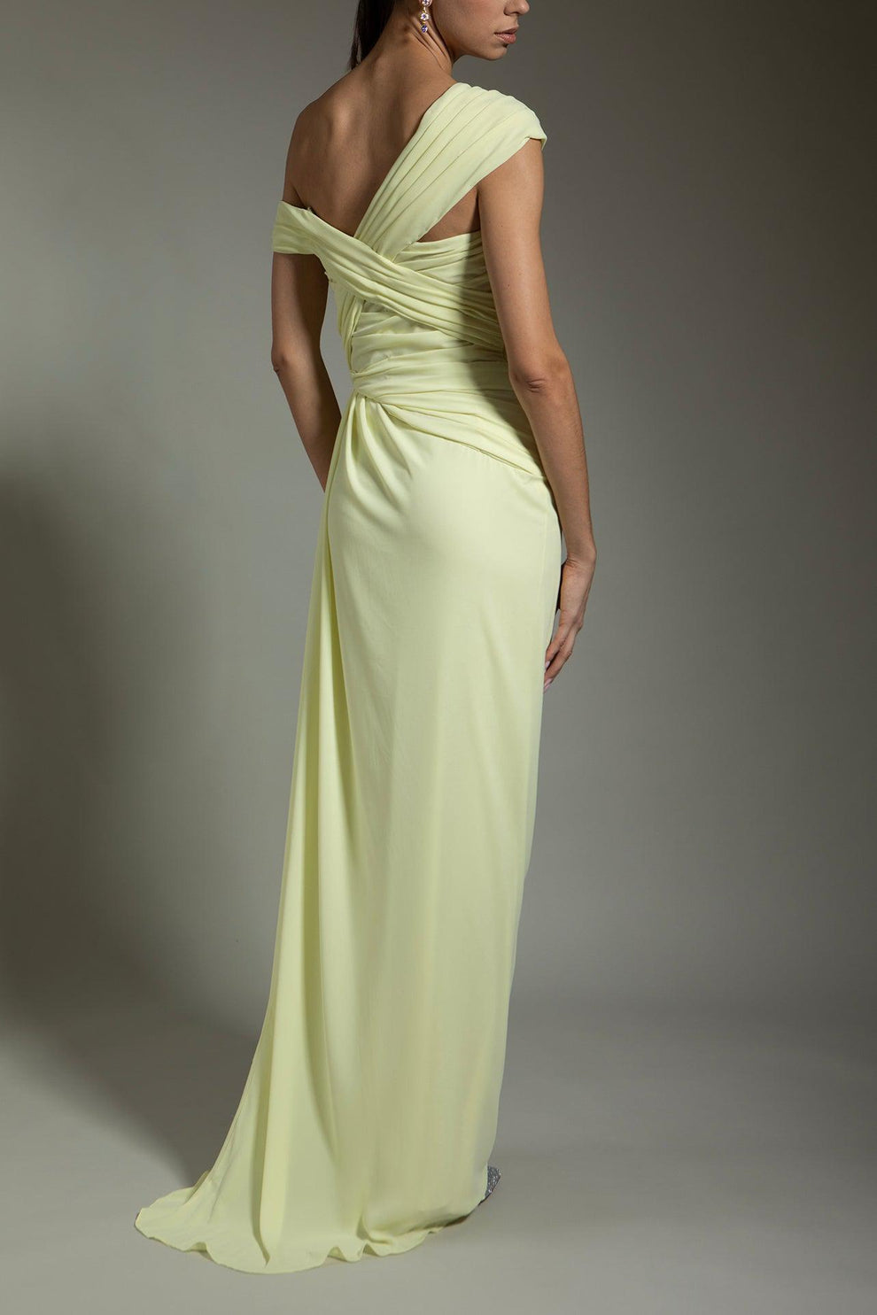 pale yellow off the shoulder dress Off The Shoulder Drape Gown - Pale Yellow