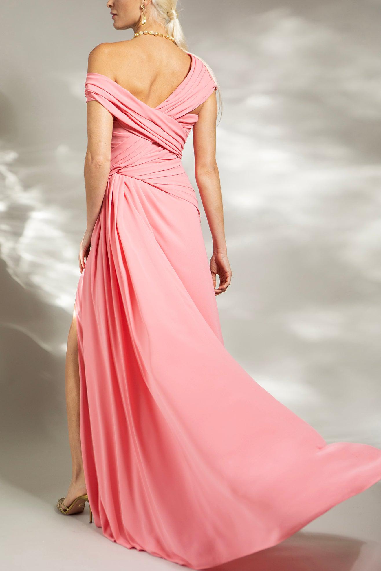 MONIQUE LHUILLIER-Off The Shoulder Drape Gown - Rose-