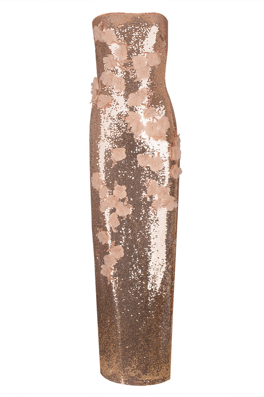 Floral Column Gown-RSE GOLD-4-CLOTHINGDRESSGOWN-MONIQUE LHUILLIER