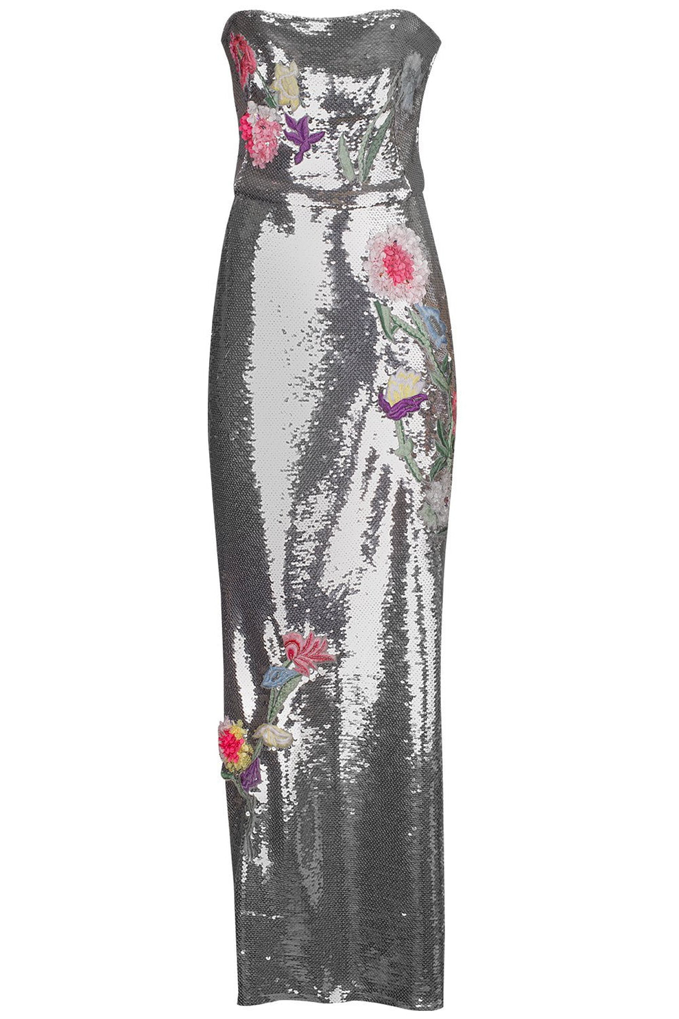 Monique Lhuillier Strapless Floral-Embroidered Sequin Column Gown, Silver Multi, Women's, 8, Sequined Gowns