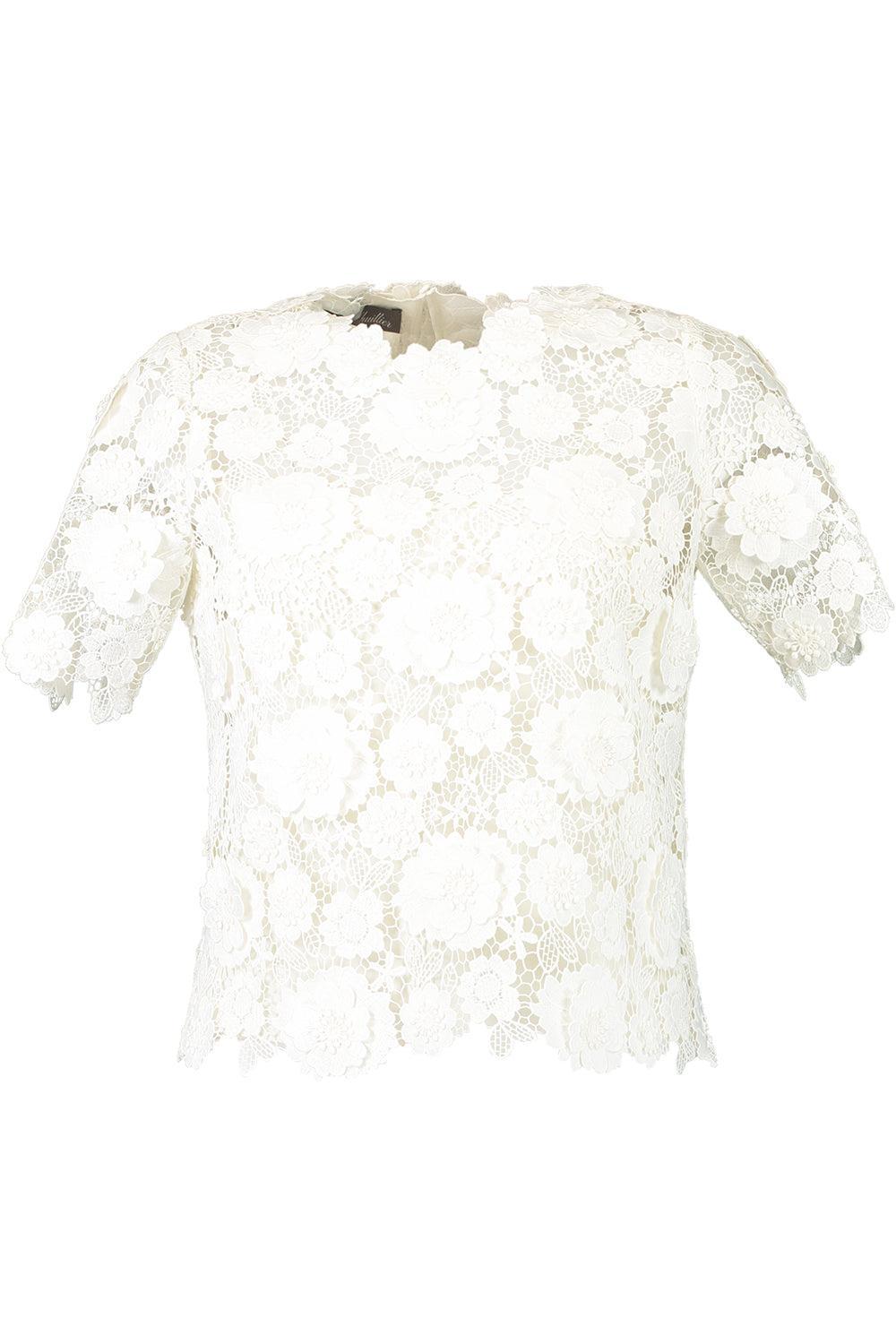 3D Floral Short Sleeve Blouse-IVORY-4-CLOTHINGTOPBLOUSE-MONIQUE LHUILLIER